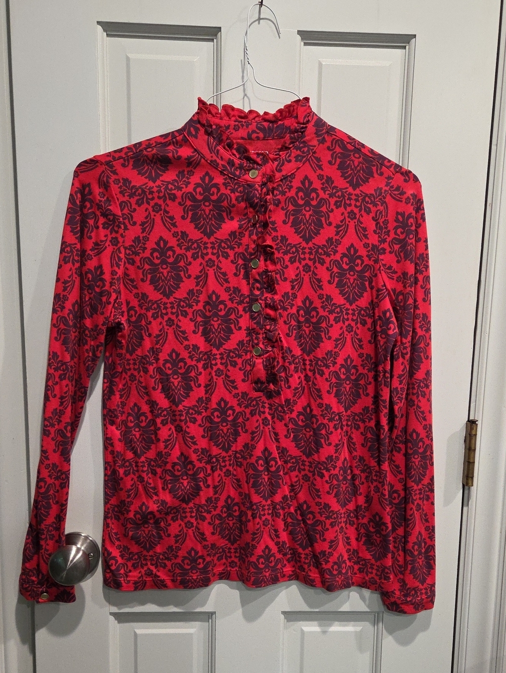 Lands' End Red Long-Sleeve Ruffle Mock-Neck Blouse with Navy Blue Damask, Small
